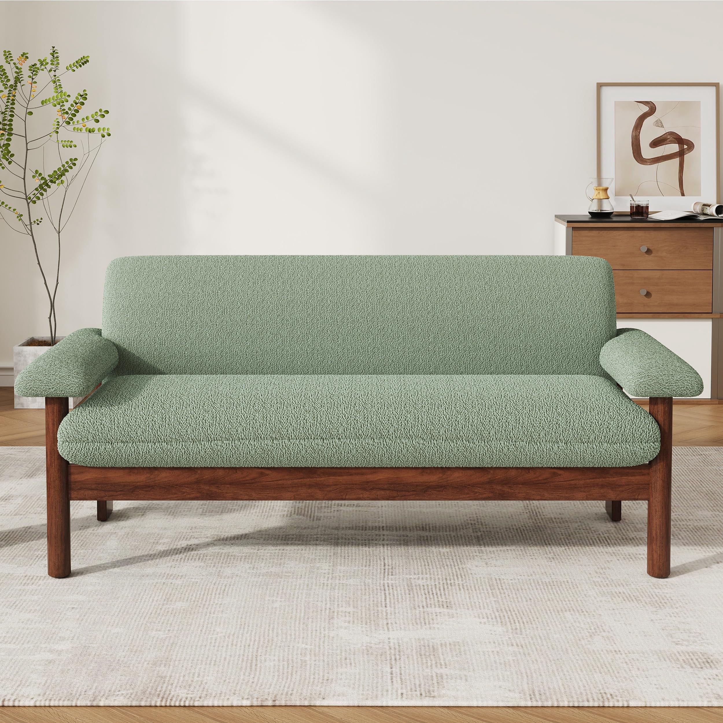 Modern 2-Seater Loveseat Sofa 72.8" with Armrest Pillows, Green Berber Fleece Couch for Living Room, Small Space, Solid Rubberwood Frame, Minimalist Style