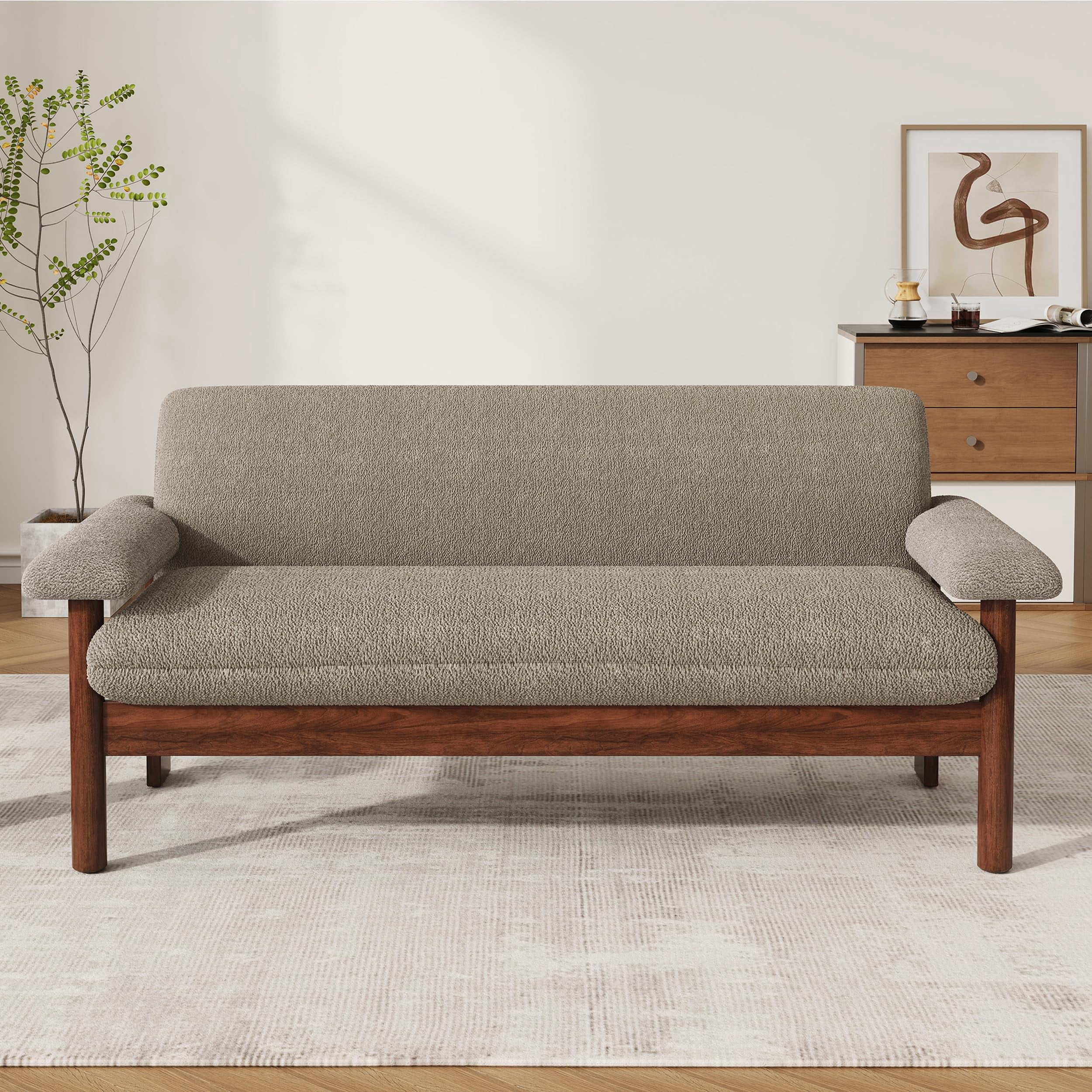 Modern 2-Seater Loveseat Sofa in Brown with Armrest Pillows, Berber Fleece Upholstery, Rubberwood Frame, Compact Couch for Living Room or Small Space, Cozy & Ergonomic Design