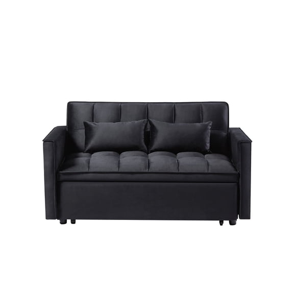 Modern 2-Seater Sofa, 54" Pull-Out Sleeper Sofa Bed for Living Room,Black + Velvet + Twin