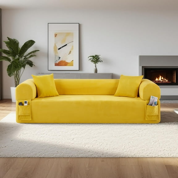 Modern 2-Seater Sofa in A Box, No Assembly Deep Loveseat Couch, Comfy Sofa Couch with Corduroy Fabric & 2 Cushions Backrest & Armrest & Side Storage Pockets for Living Room Apartment