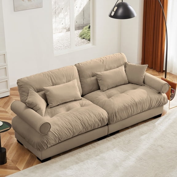 Modern Two-seater Sofa with Velvet Fabric and Bolstered Armrests (220×80×75cm)