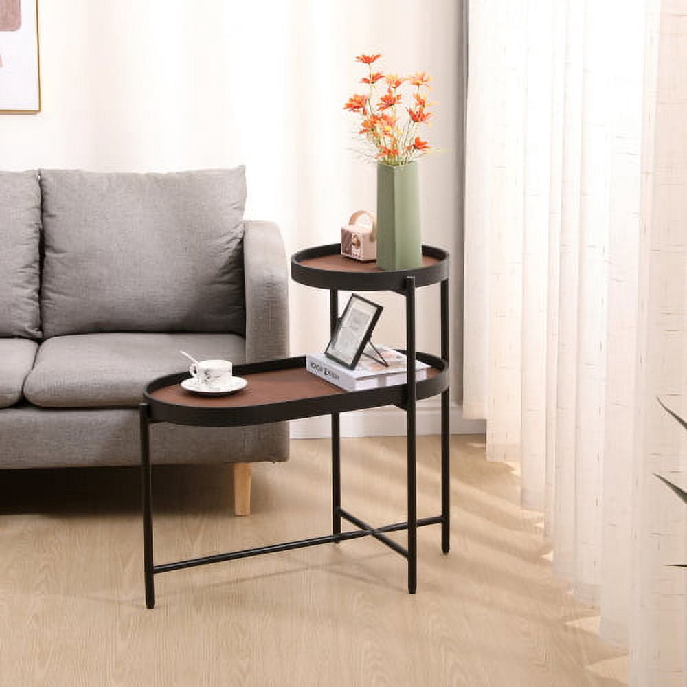 Modern 2Tier Brown Side Table for Living Room Black Metal Frame with
