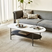 Modern 2-Tier Ceramic Top Coffee Table, MDF Base with Paint Finish, White Ceramic & Coffee Brown Lower Shelf, Accent Table for Living Room