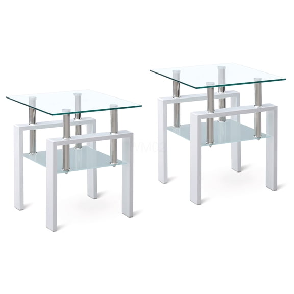Modern 2-Tier Clear Tempered Glass End Table with Storage Shelf, Sofa Side Table for Living Room