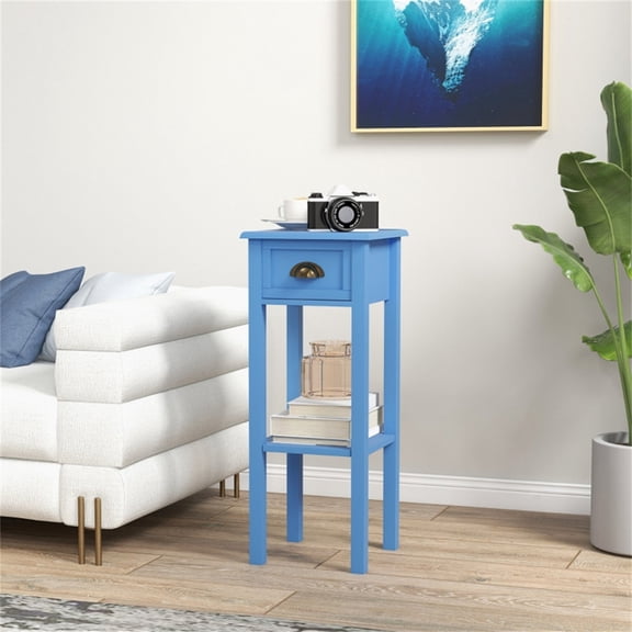 Modern 2 Tier Coffee Table, Lightweight Side Table with Drawer, Minimalism End Table with Open Bottom Shelf and Elevated Base, Light Blue