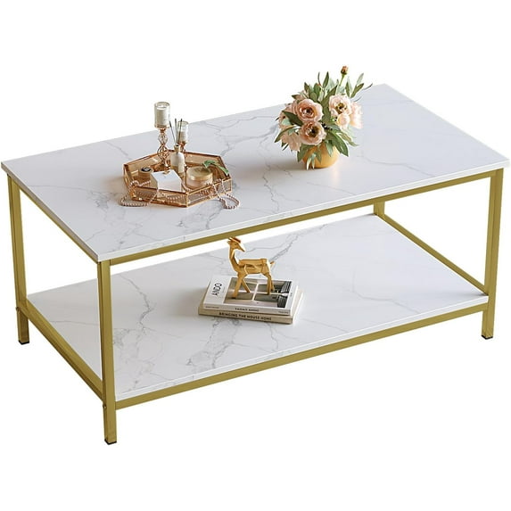 Modern 2-Tier Coffee Table for Living Room White Gold Coffee Tables Industrial Rectangle Wood Table for Large or Small Spaces Home Office Apartment, White Gold