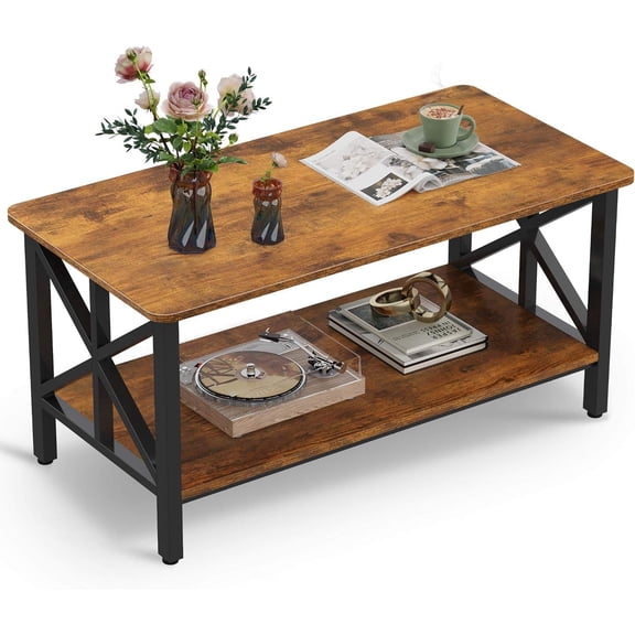 Modern 2-Tier Coffee Table for Living Room, 39" Round Corner Center Table with Metal Frame, Brown