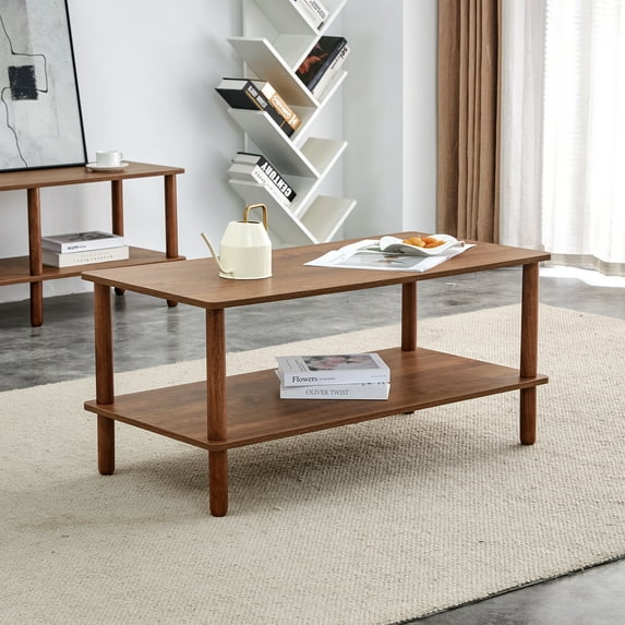 Modern 2-Tier Coffee Table for Living Room | Walnut MDF & Rubberwood | 39.4" L x 19.7" W | Open Storage Shelf | Stable & Durable | Easy Assembly