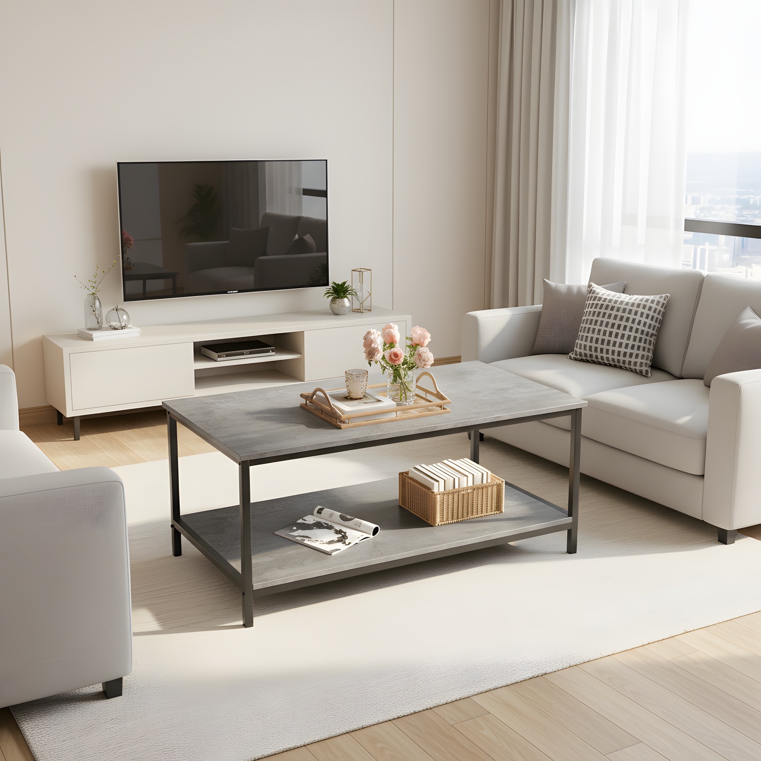 Modern 2-Tier Coffee Table with Storage - Industrial Living Room Table ...