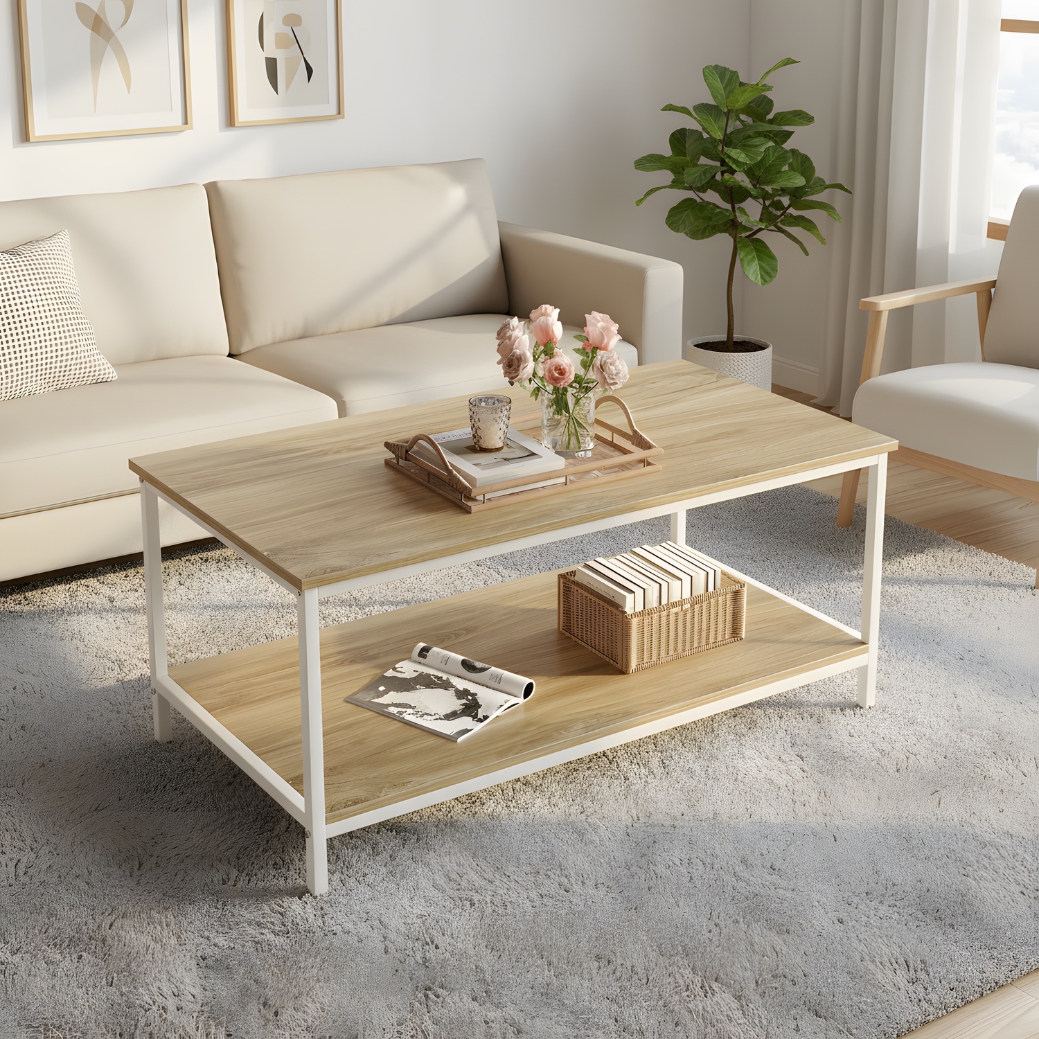 Modern 2-Tier Coffee Table with Storage - Oak Finish - Living Room ...