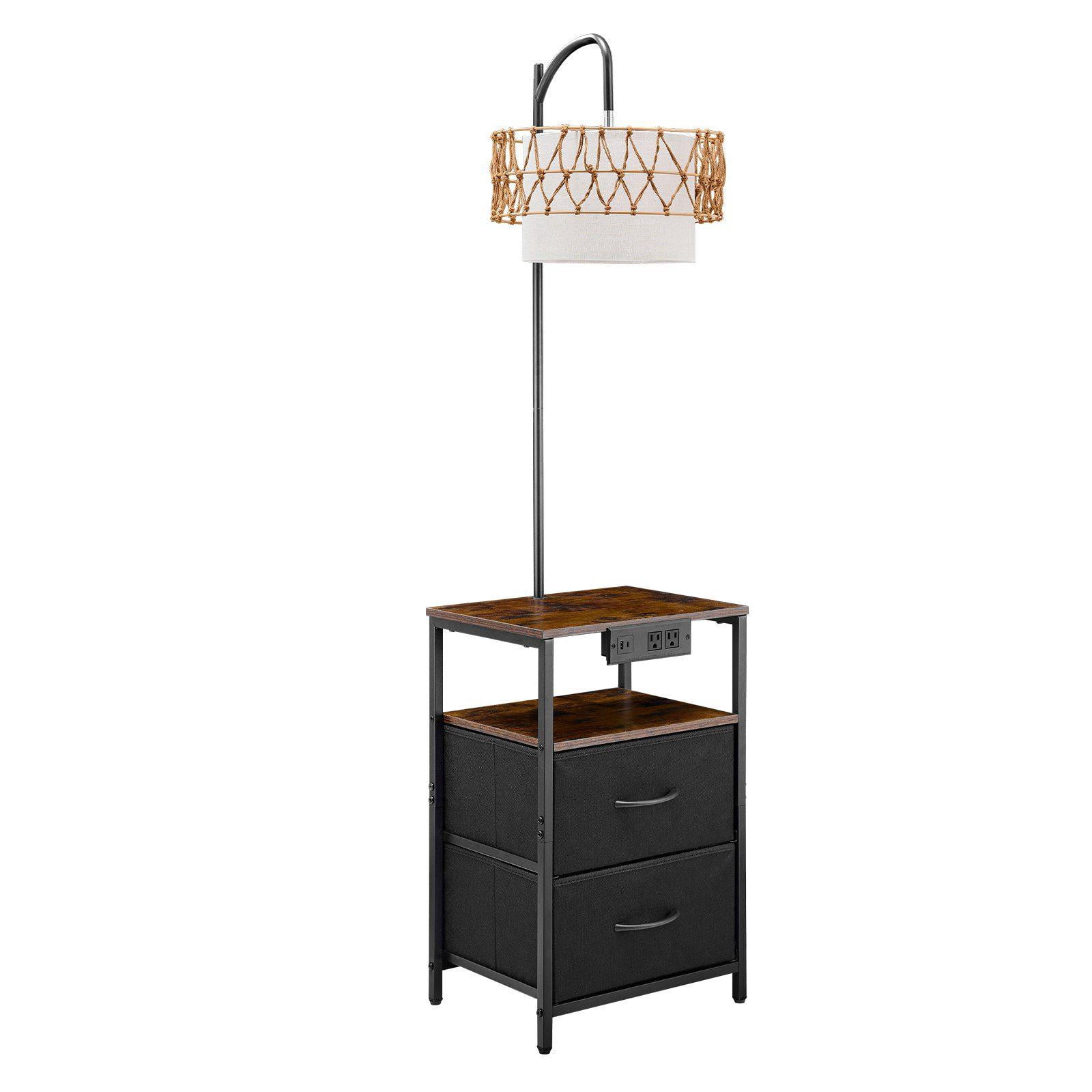 Modern 2 Tier End Table Floor Lamp with 2 Drawers 3 Color Temperature LED Bulb USB Type C AC Charging Port for Living Room Bedroom Dorm