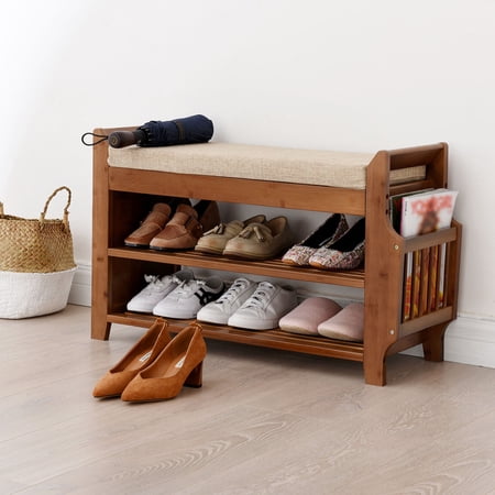 Modern 2 Tier Entryway Bamboo Bench Living Room Storage Shoe Rack with Cushion