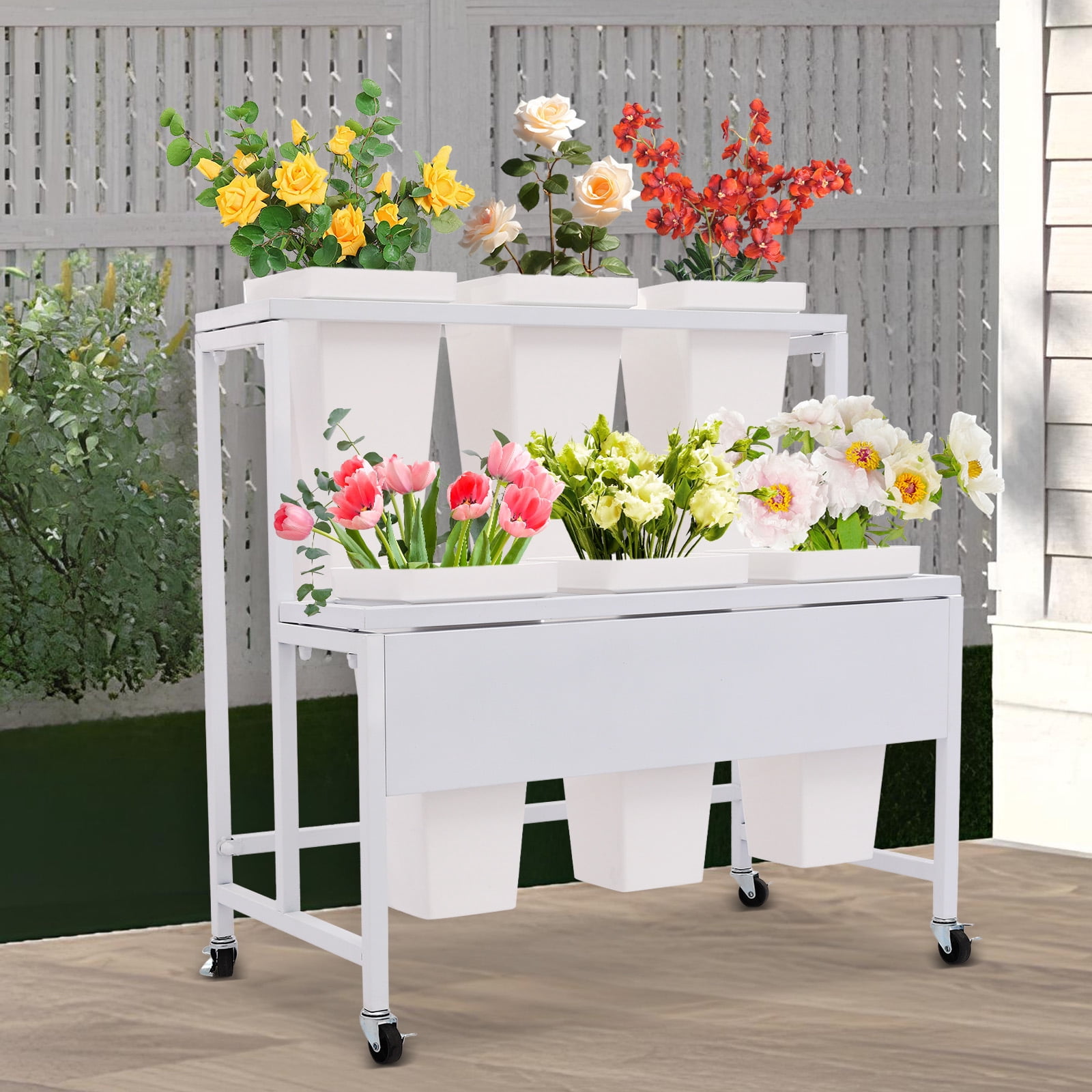 Flower Display Rack Used Modern 2-Tier Flower Display Rack with 6 PP Buckets, White, Rust ...