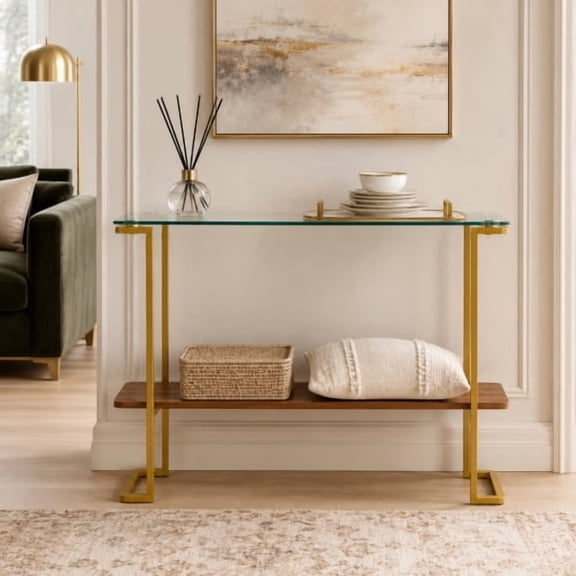 Modern 2-Tier Glass Console Table, Mid-Century Entryway Sofa Table with Walnut Shelf & Gold Frame