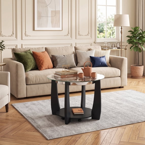 Modern 2-Tier Glass Round Coffee Table with Storage Shelf, 32" Center Table with Rolling Wheels for Small Spaces,Black