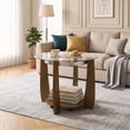 thumbnail image 1 of Modern 2-Tier Glass Round Coffee Table with Storage Shelf, 32" Center Table with Rolling Wheels for Small Spaces,Walnut, 1 of 8