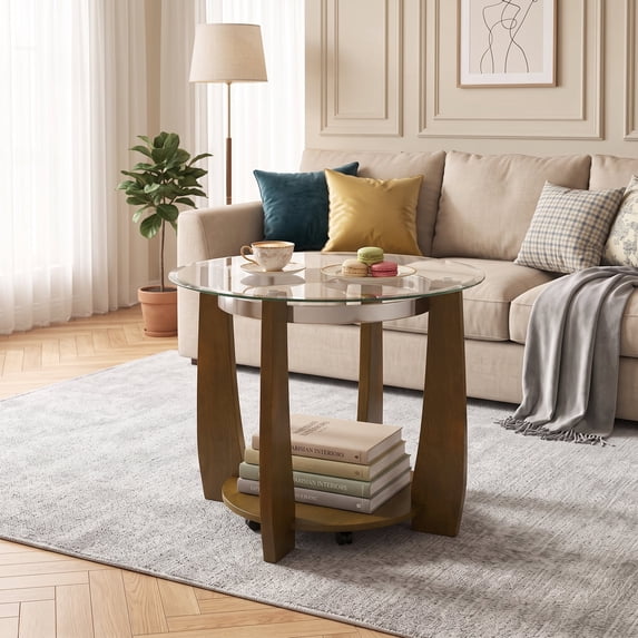 Modern 2-Tier Glass Round Coffee Table with Storage Shelf, 32" Center Table with Rolling Wheels for Small Spaces,Walnut
