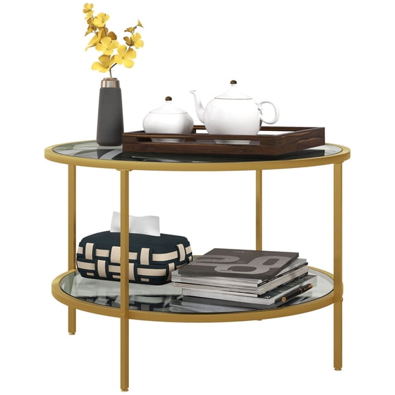 Modern 2 Tier Round Side Table Tempered Glass Top Steel Frame Sofa End Table for Living Room Small Accent Furniture