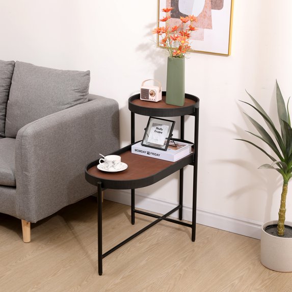 Modern 2-Tier Side Table, Metal End Table with Round Tray Top and Storage Shelve, Sofa Side Accent Table for Living Room Small Spaces, Brown