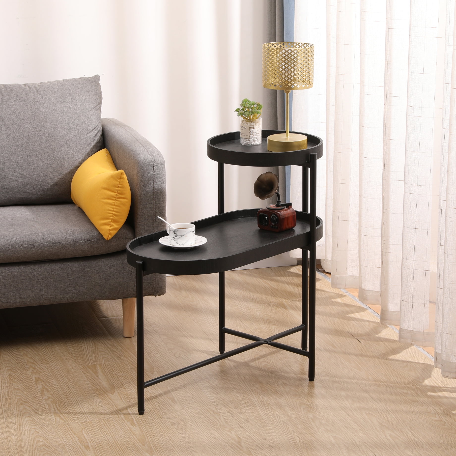 Modern 2Tier Side Table with Black Metal Frame and Wood & PU Tray,End