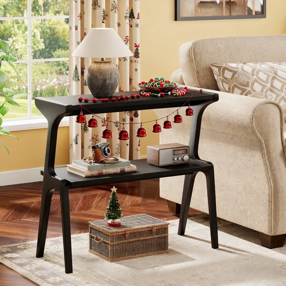 Modern 2-Tier Solid Wood End Table, Slim Tall Couch Side Table With Storage Shelves, Cute Deer-Shaped Legs Sofa Side Table For Living Room, Skinny Bedside Nightstand For Bedroom, Black