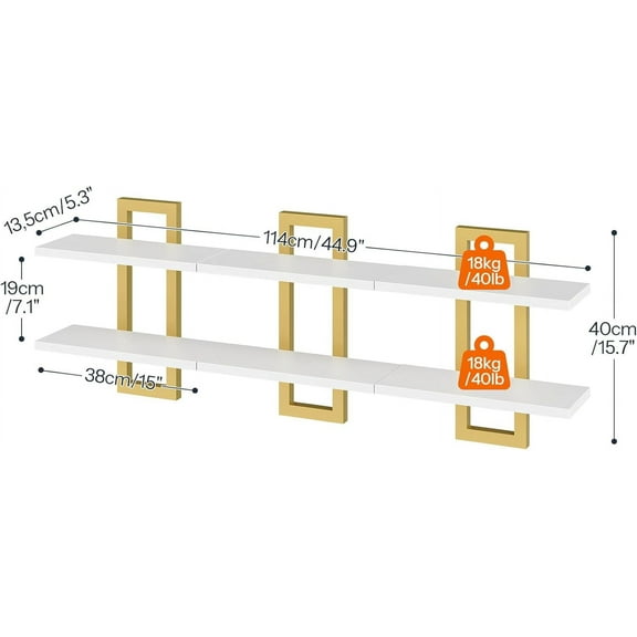 Modern 2-Tier White and Gold Shelves- YANGLI Set of 3 Floating Shelves for Bathroom Toiletries and Living Room Accent Decor