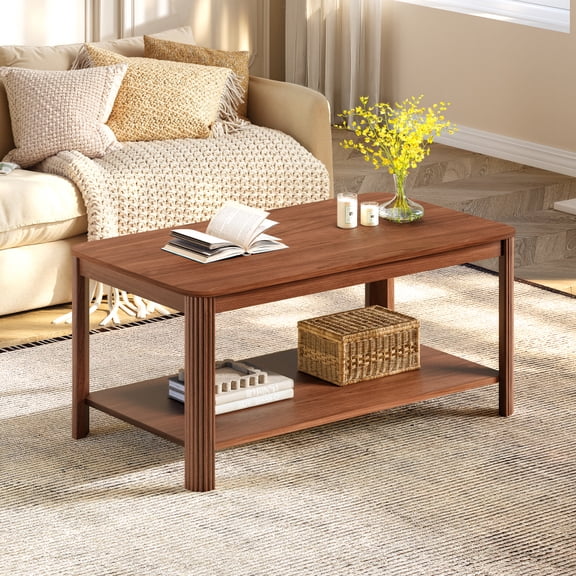 Modern 2‑Tier Wood Coffee Table with Storage Shelf, Arc Corner Wave Grain Legs, Walnut Finish for Living Room