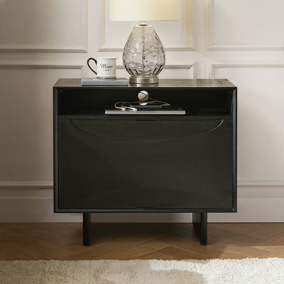 Modern Black 2 Drawers End Table with Charging Station RotatingTable