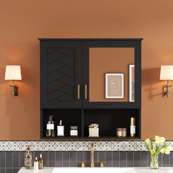 ZENHO 2-in-1 Bathroom Mirror Cabinet with Adjustable Shelves, Soft-Close Doors, High-Definition Mirror, Double Hinged, Black Finish