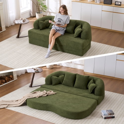 Modern 2-in-1 Foldable Sofa Bed, 70 Inch Folding Boneless Couch with 4 Pillows, Convertible Compressed Sleeper Sofa for Living Room and Apartment, Green