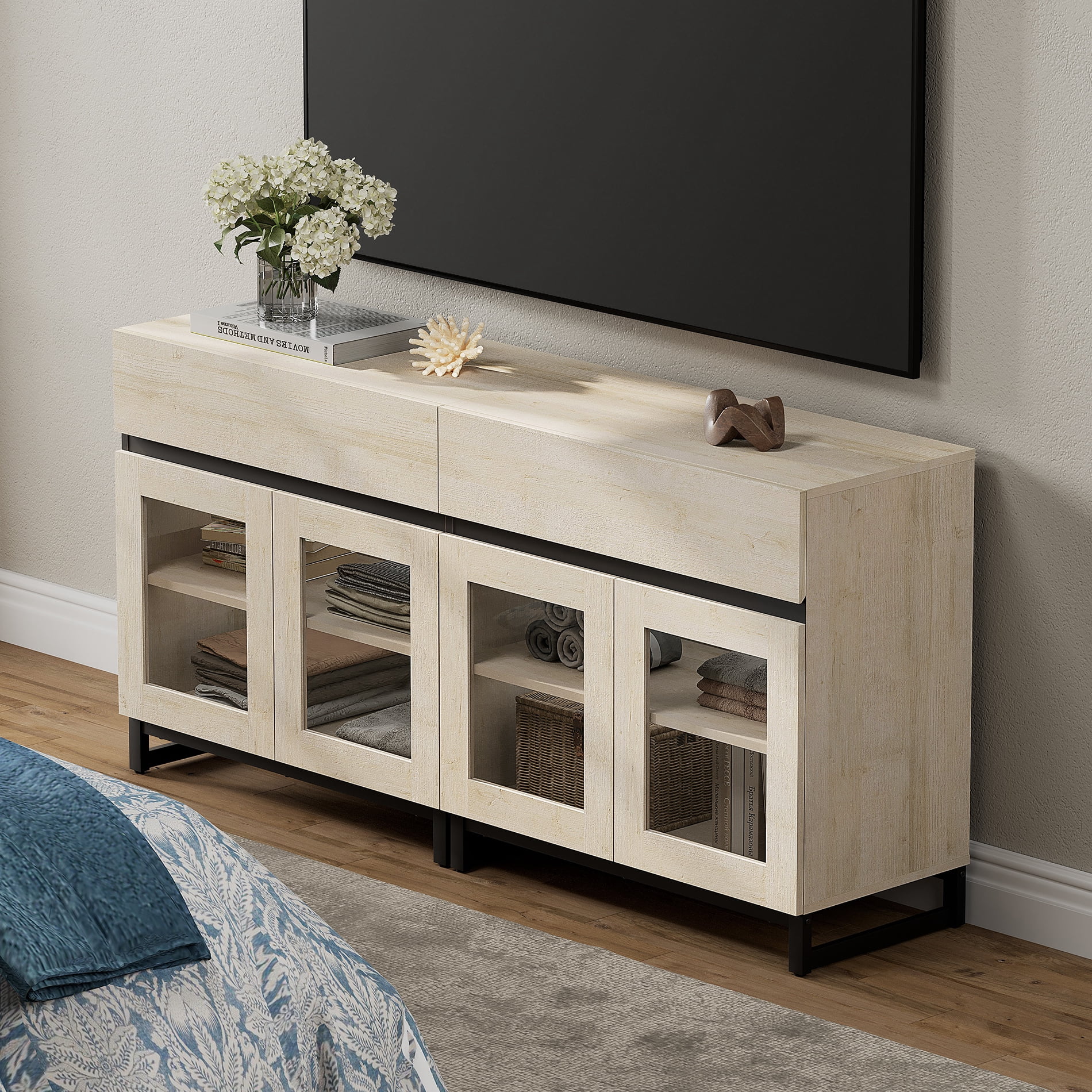 Modern 2-in-1 Modern TV Stand with Glass Doors & 2 Drawers, Heavy Duty Metal Base Media Console, Entertainment Center for 70 Inch TVs, Living Room Bedroom, Beige