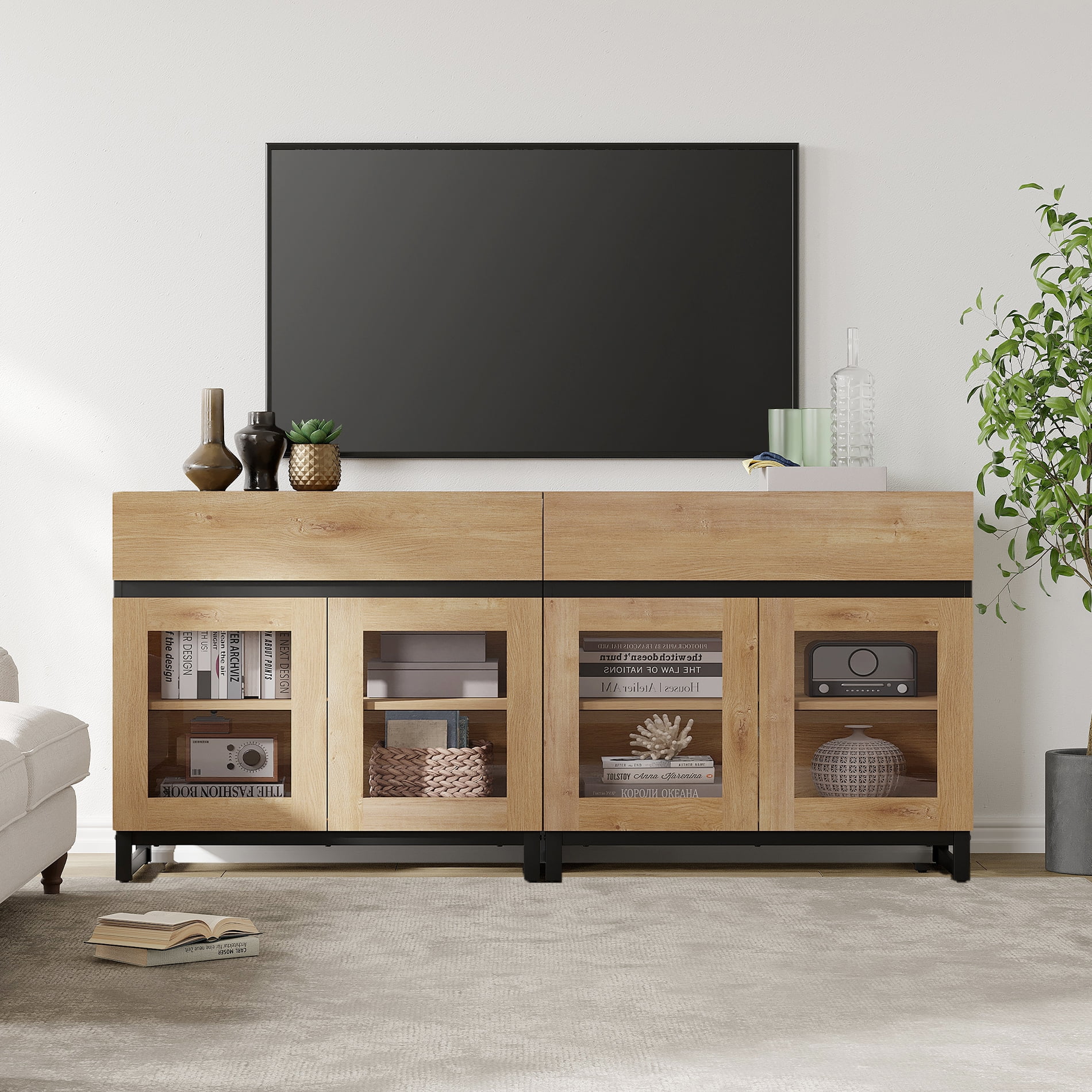 Modern 2-in-1 Modern TV Stand with Glass Doors & 2 Drawers, Heavy Duty Metal Base Media Console, Entertainment Center for 70 Inch TVs, Living Room Bedroom, Oak