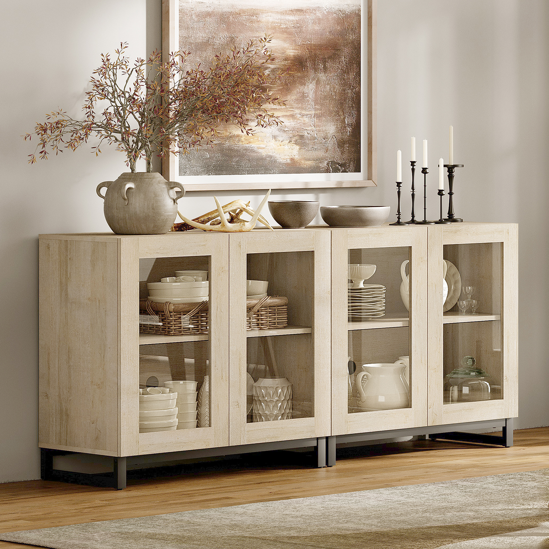 Modern 2-in-1 Multifunctional Sideboard Buffet Cabinet with 4 Glass Doors and Adjustable Shelf Coffee Bar Storage Cabinet for Living Room Kitchen,Beige