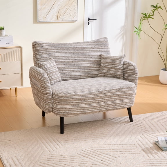 Modern 2-seater Sofa Couch with Armrests and Storage Side Pockets, Seep-seated Boucle Sofa with Armrest Pillows, Comfortable Sofa Couch Set or Living Room, Bedroom, Small Spaces, Apartments, Brown