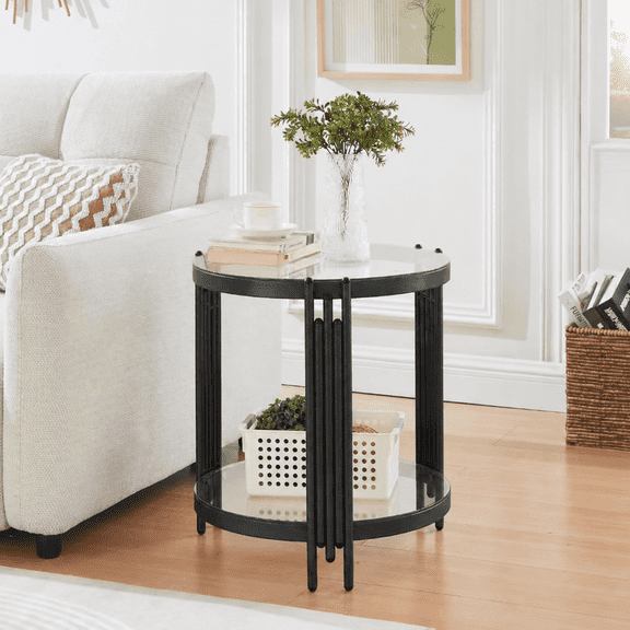 Durisen Modern Round End Table - Tempered Glass Storage - Black