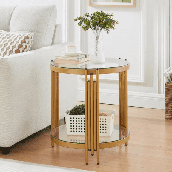 Durisen Modern Round End Table - Tempered Glass Top - Gold