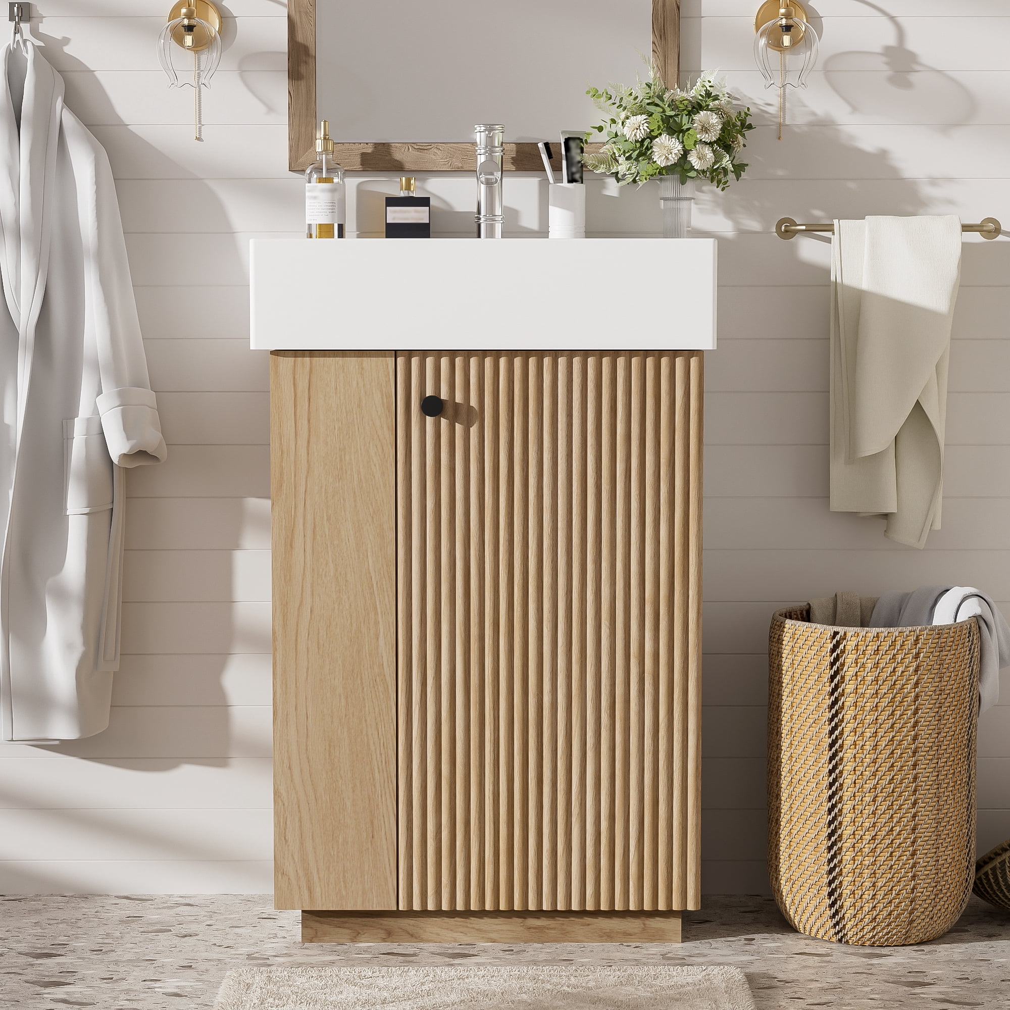 Modern 21.6" Small Bathroom Vanity with Ceramic Sink, Light Wood Grain and Side Storage