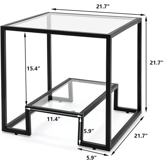 Modern 21 inch Accent Tempered Glass Top End Table, Black Legs Side Table, Line Metal Frame, Minimalist Metal Style for Living Room Home Furniture Office Decor