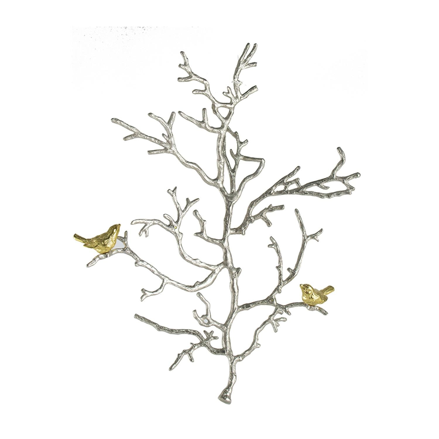 Modern Silver Branch and Golden Birds Aluminum Wall Sculpture