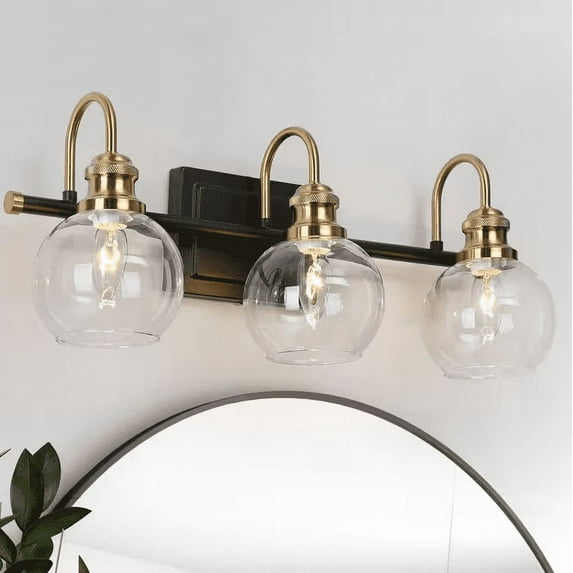 Zevni Modern 22 in. 3-Light Black Bathroom Vanity Light, Powder Room Rustic Vanity Light, Clear Glass Brass Gold Wall Light