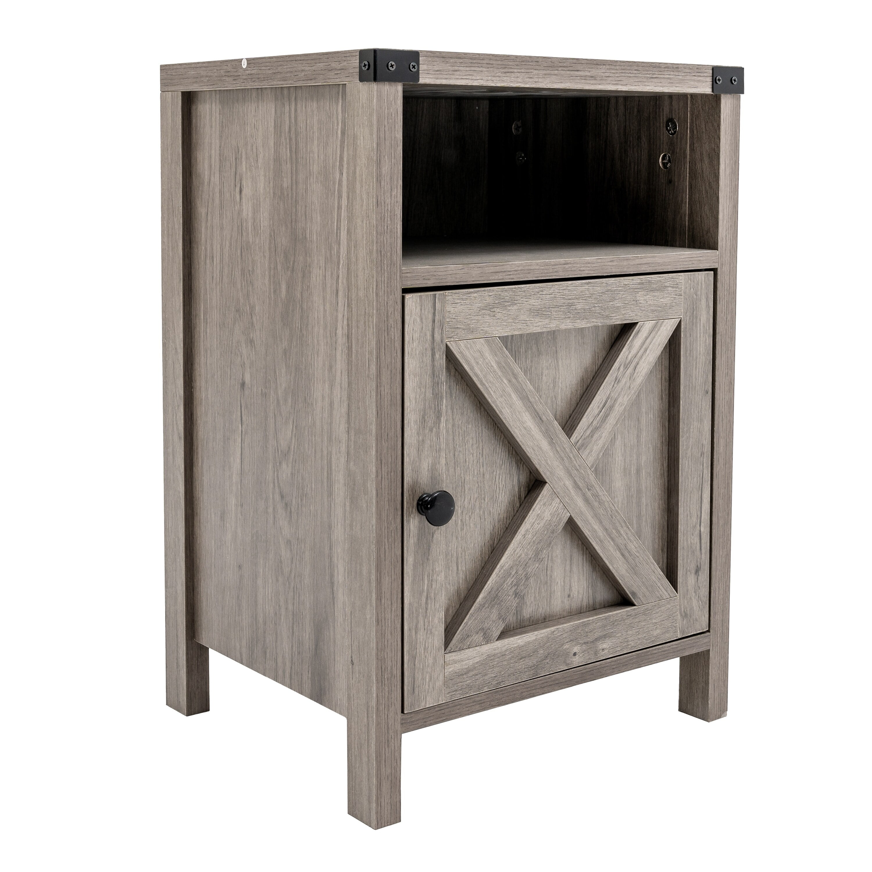 Modern 23.6" Tall Nightstand Side Table with Barn Door and Open Shelf Oak Gray1pc