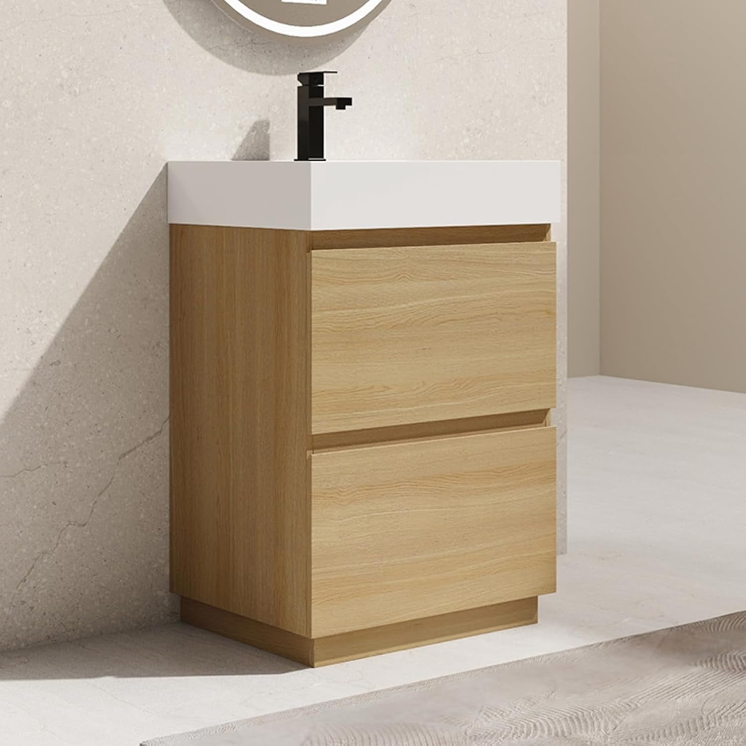 Modern 24" Bathroom Vanity with Sink Combo, Freestanding Bathroom Cabinet with Undermount Ceramic Sink, Small Bathroom Vanities, Bathroom Storage Vanity Set w/ 2 Drawers, Oak