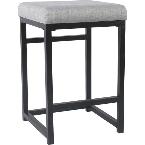 Modern 24-Inch Backless Counter Stool with Matte Black Metal Frame and Light Gray Fabric Seat