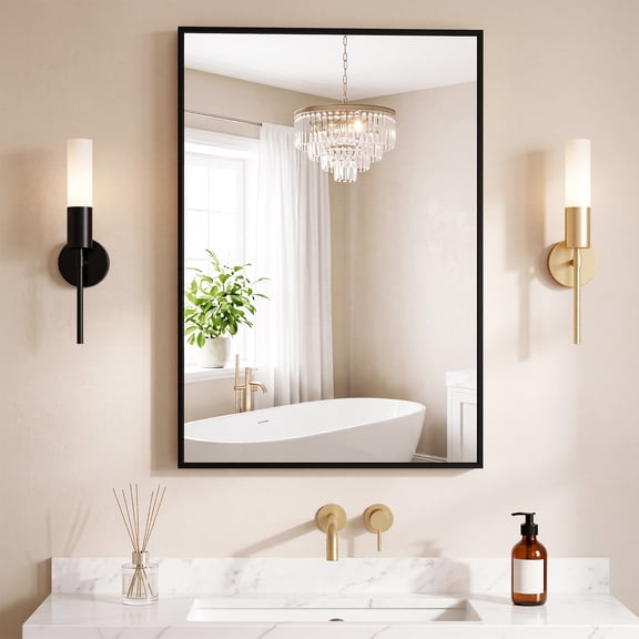 Modern 24 Inch Black Rectangular Vanity Mirror, Brushed Aluminum Frame with Right-Angle Edges for Bathroom & Home Wall Decor
