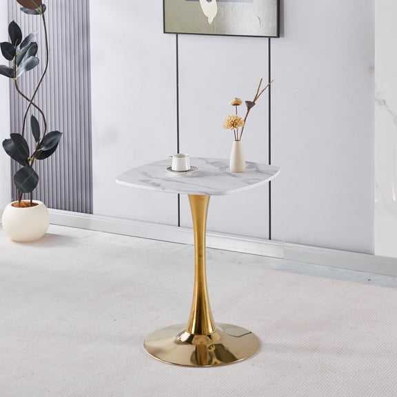 Modern 24 Square Tulip Dining Table Seats 2-4 People Sturdy Golden Metal Pedestal Base Compact Bistro Table for Small Space Apartment Cafe Office & Living Room  White & Gold