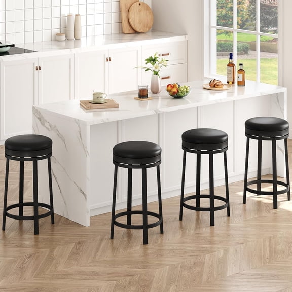 Modern 24” Swivel Bar Stools Set of 4, Counter Height PU Leather Barstools with Sturdy Metal Frame and Footrest, Backless Round Stools for Kitchen Island or Pub Table, Black