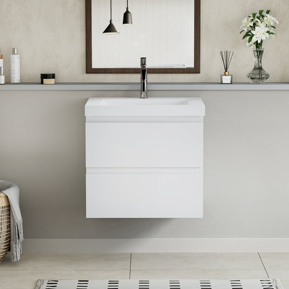 Modern 24" Wall-Mounted Bathroom Vanity in Glossy White with Resin Top Basin