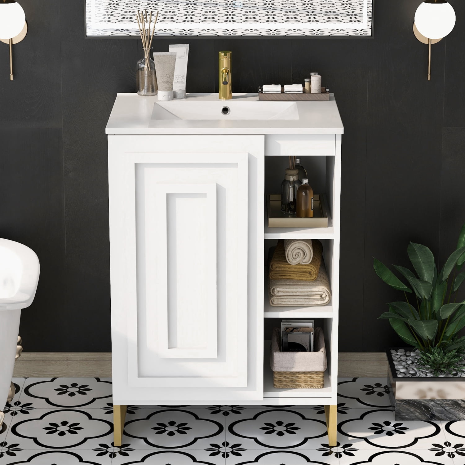 Modern 24-inch White Bathroom Vanity Sink Combo with Gold Legs for ...