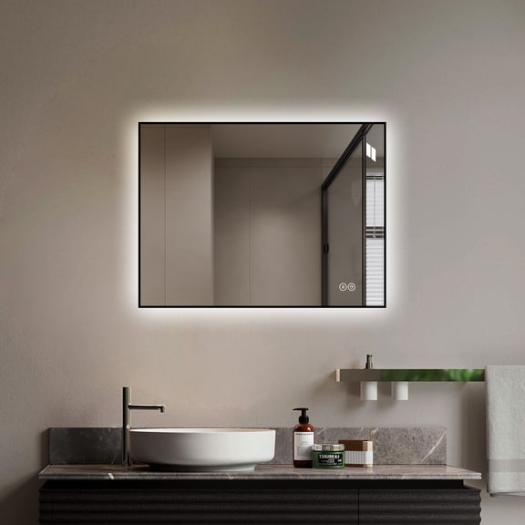 Modern 24"x32" LED Bathroom Vanity Mirror, Horizontal or Vertical Wall-Mounted Aluminum Framed Backlit Mirror with Anti-Fog, Dimmable 3 Color & Memory Function, Black