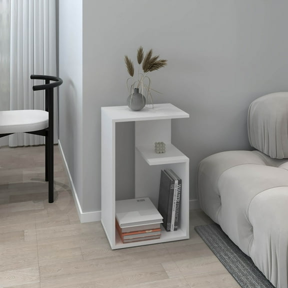 Modern 25" H Space-Saving Side Table with 2 Open Shelves, White Engineered Wood Design for Small Spaces and Home Decor